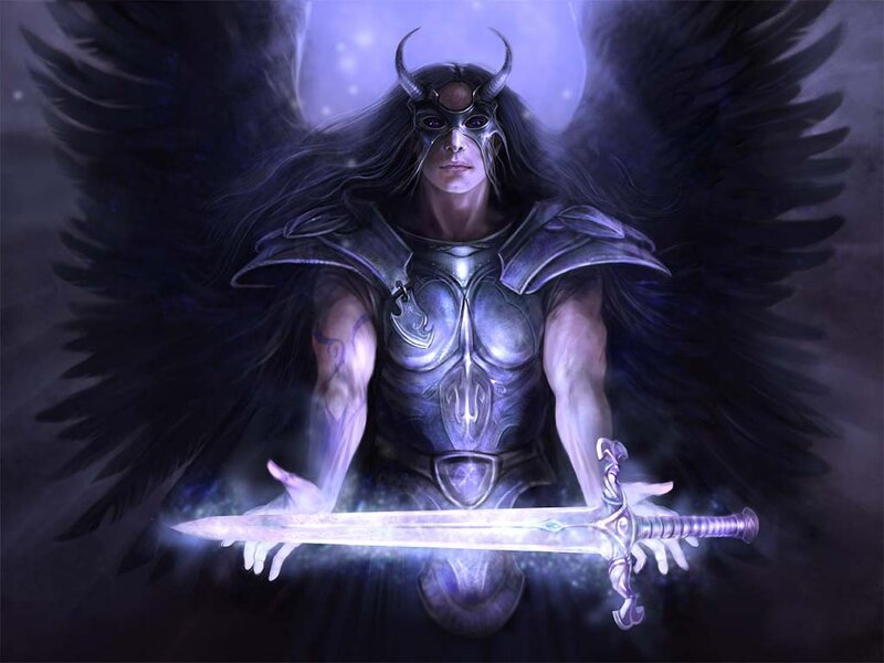Winged Warrior with Sword — Purple, Dramatic, Night
