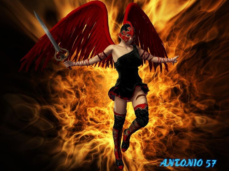 Winged Warrior with Sword — Red, Dramatic, Digital Art, Mask