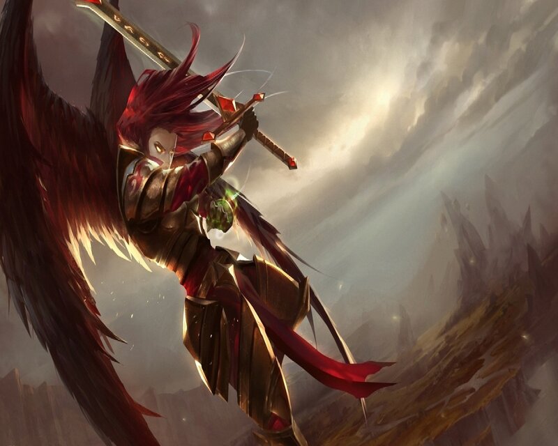 Winged Warrior with Sword — Red, Dramatic, Digital Art