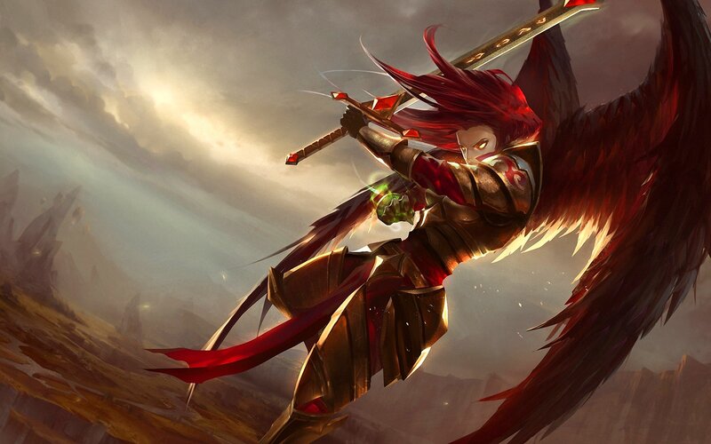 Winged Warrior with Sword — Red, Dramatic, Sunset