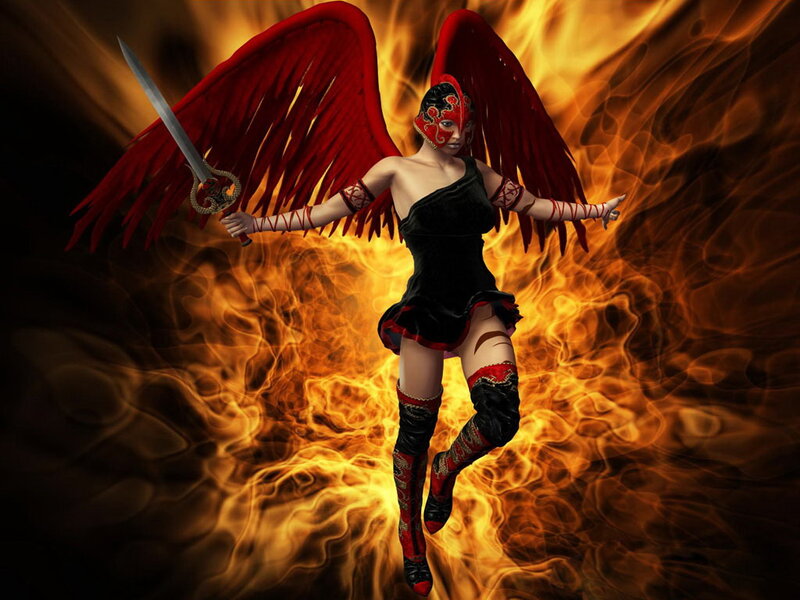 Winged Warrior with Sword — Red, Dramatic
