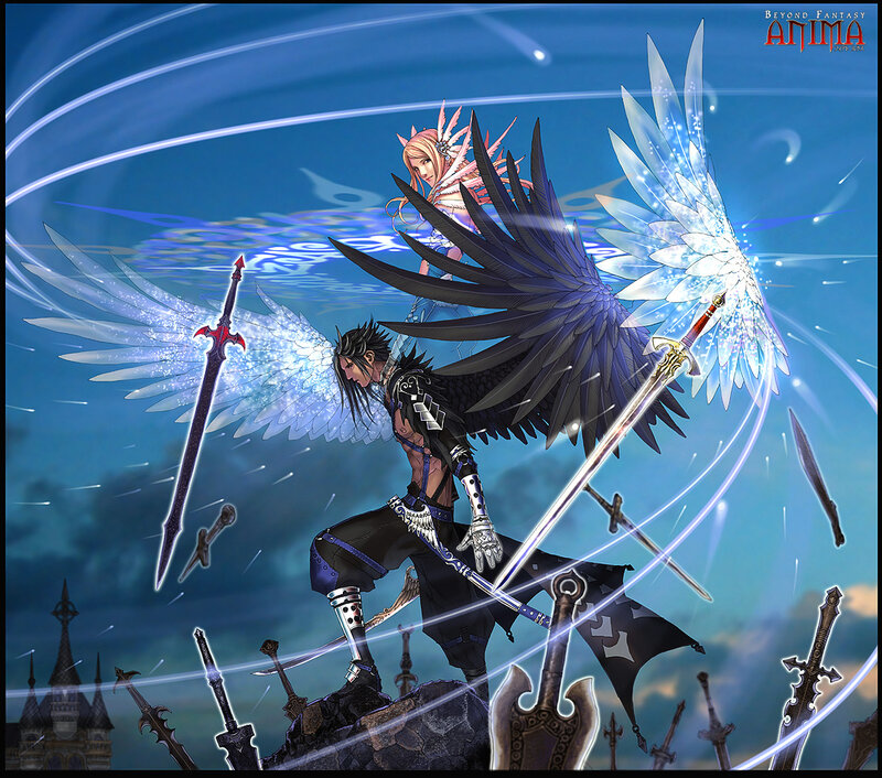 Winged Warrior with Swords — Blue, Dramatic