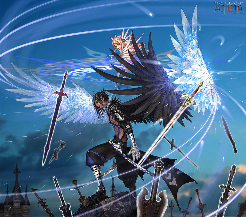 Winged Warrior with Swords — Blue