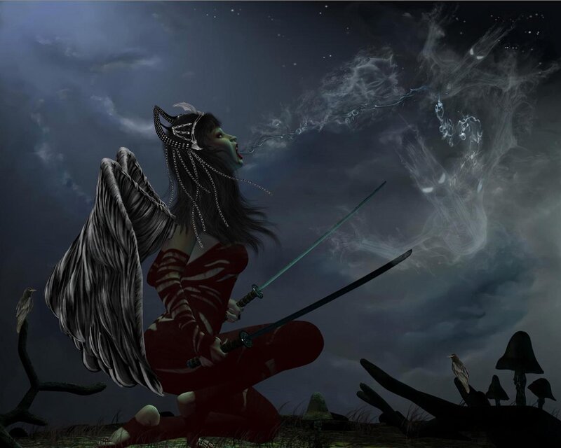 Winged Warrior with Swords — Dark Blue