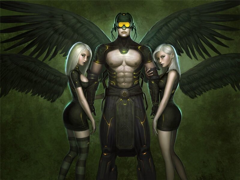 winged warrior with two women
