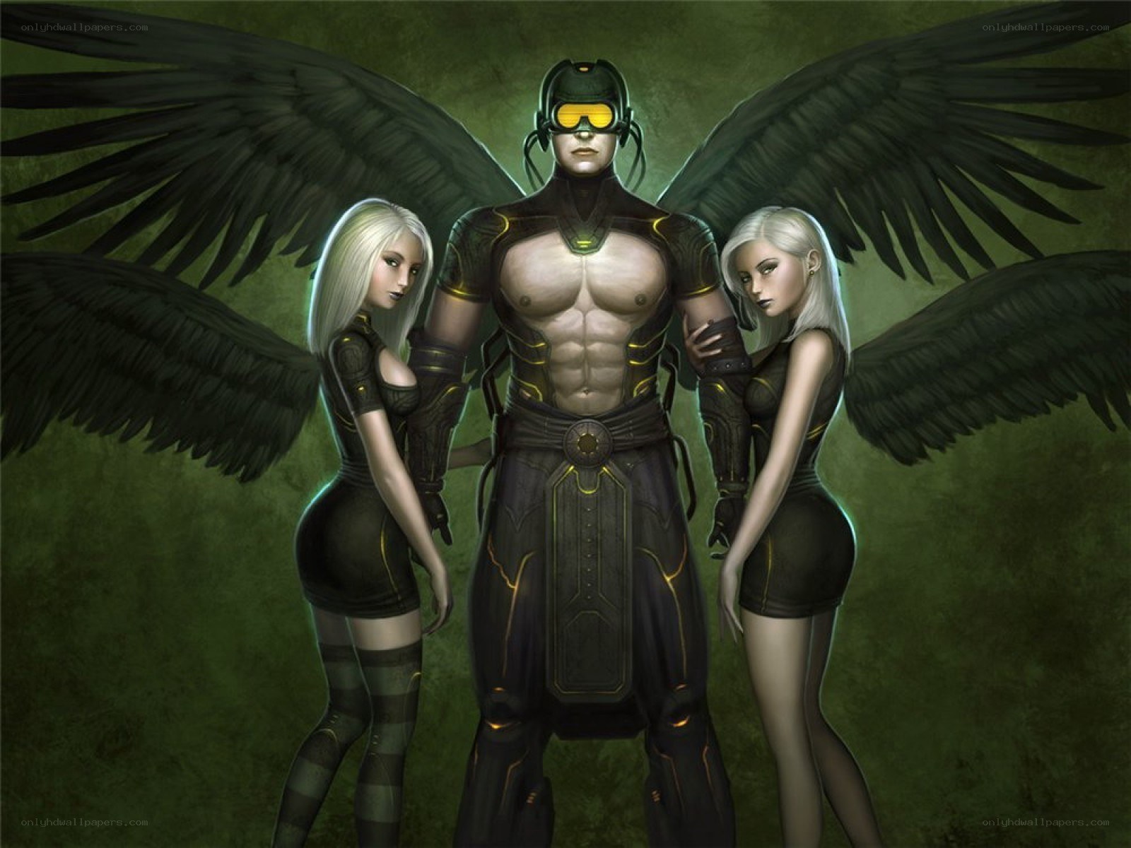winged warrior with two women