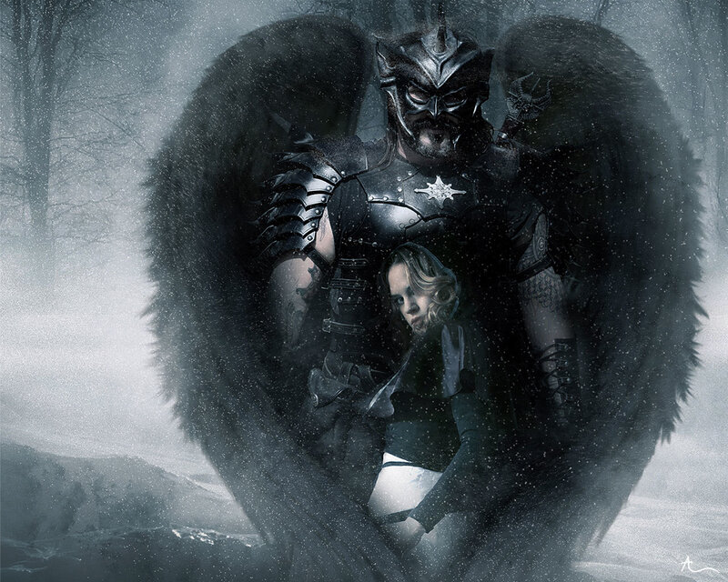 Winged Warrior with Woman — Black, Dramatic, Winter