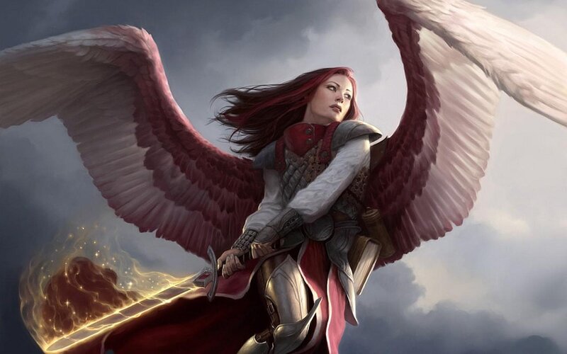 Winged Warrior Woman — Red, Dramatic, Digital Art