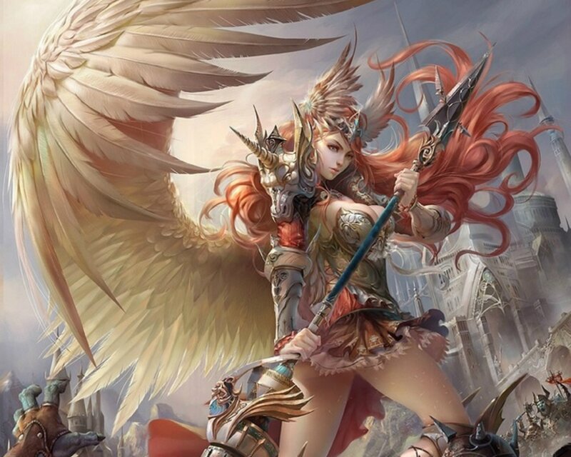 Winged Warrior Woman — White, Dramatic, Digital Art, Spear