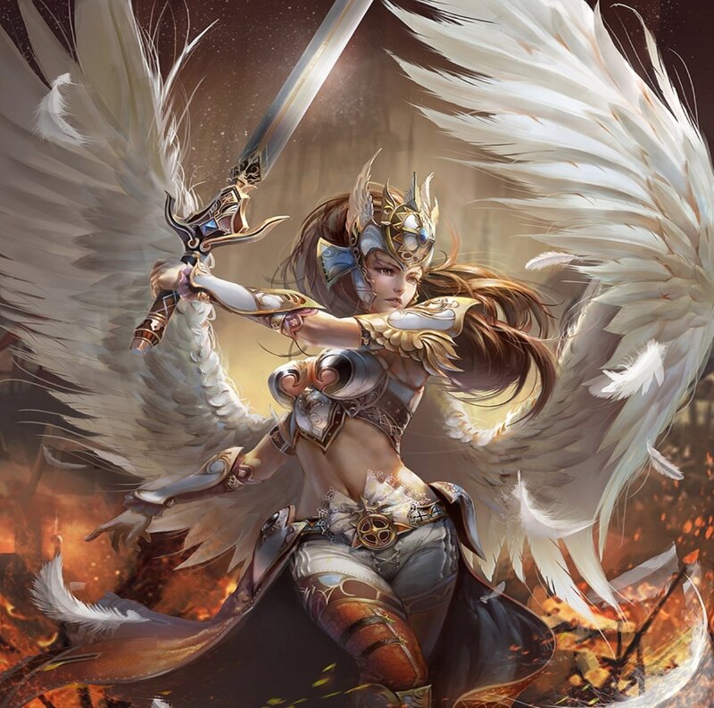 Winged Warrior Woman — White, Dramatic, Digital Art, Sword