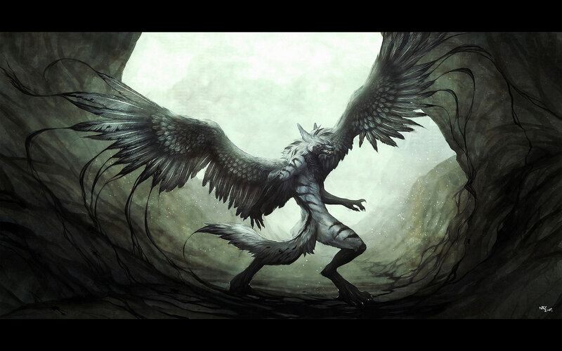 Winged Wolf Creature — Gray, Dramatic, Digital Art