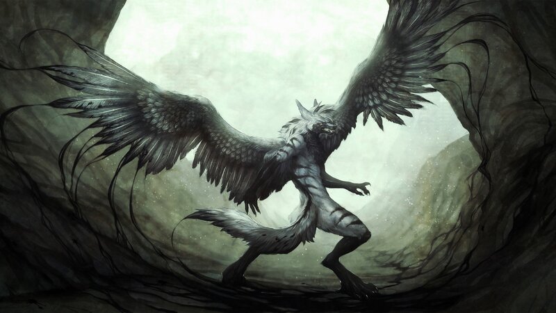 Winged Wolf Creature — Gray, Dramatic, Night
