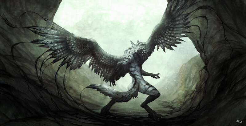 Winged Wolf Creature — Gray, Dramatic