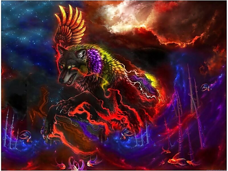Winged Wolf with Rainbow Fur