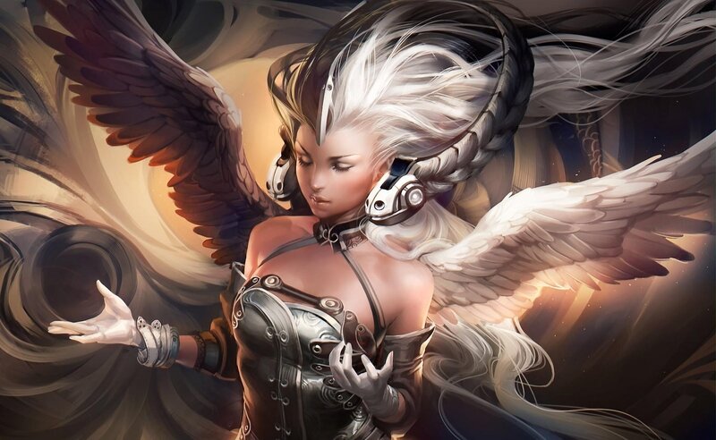 Winged Woman in Armor — White, Dramatic