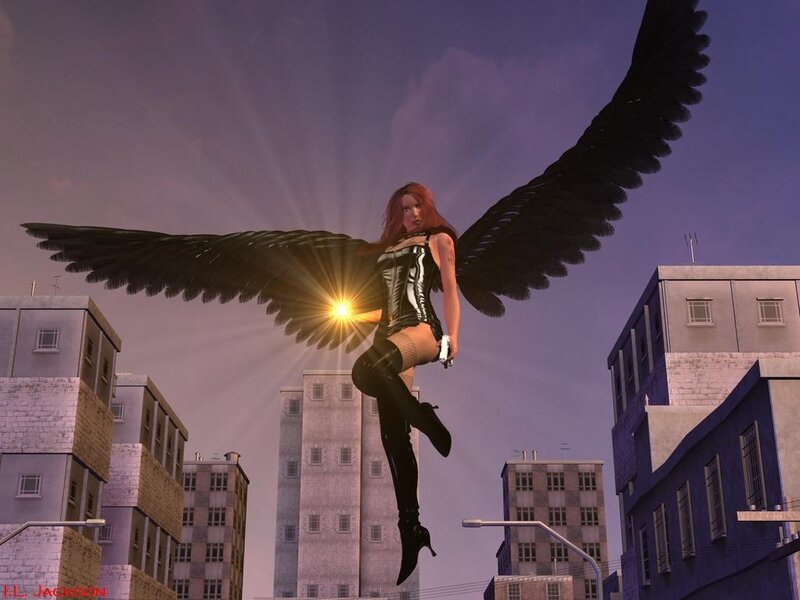 winged woman in cityscape