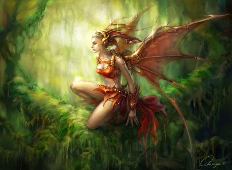 Winged Woman in Forest — Green, Serene