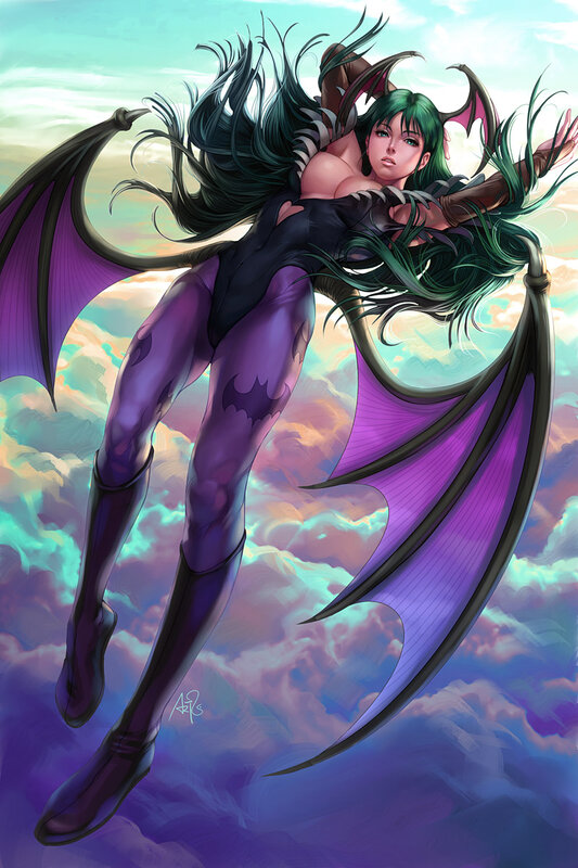 winged woman in purple suit