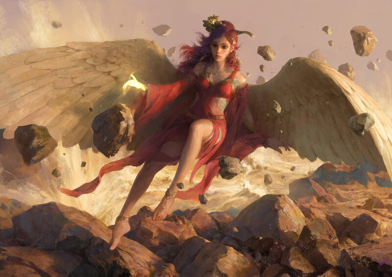 Winged Woman in Red Dress — Dramatic, Sunset