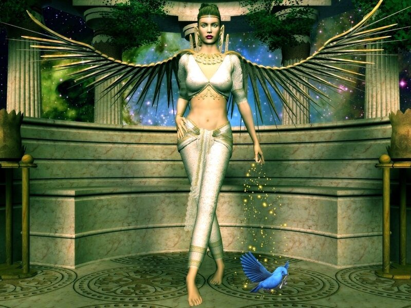 winged woman in temple