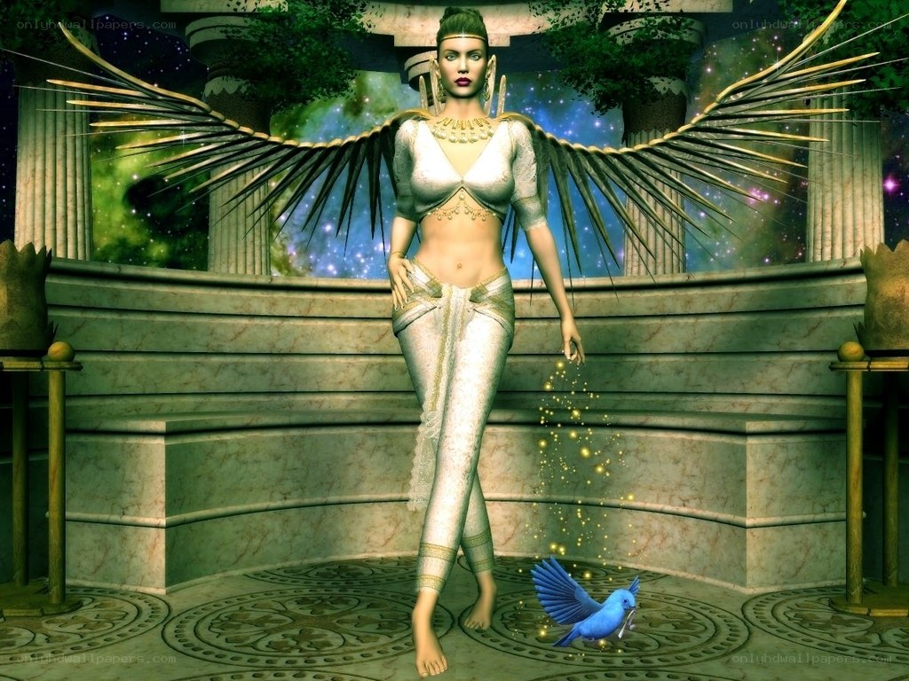 winged woman in temple