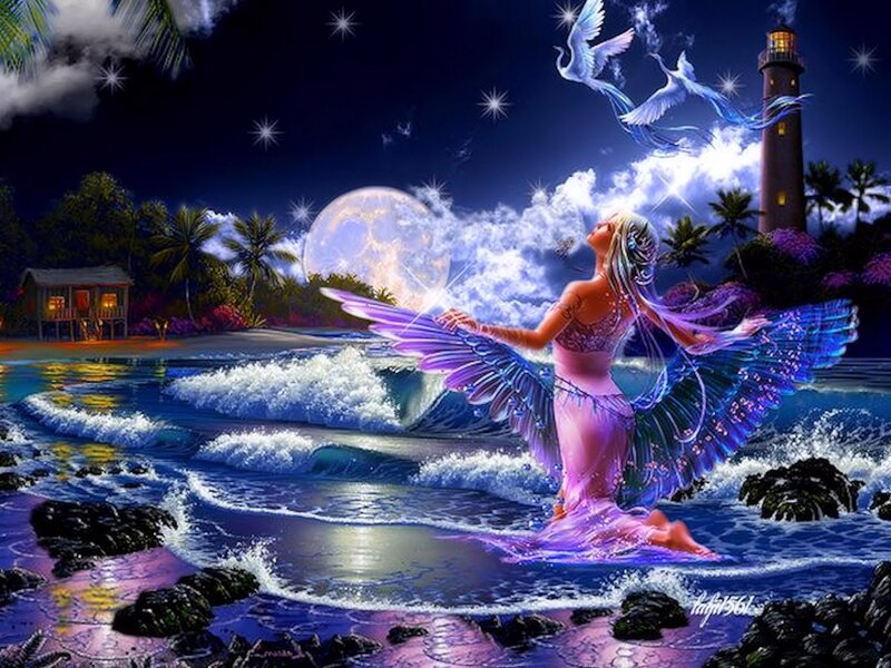 Winged Woman in Water — Blue
