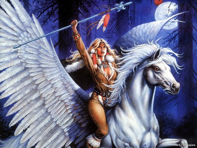 Winged Woman on Horse — Blue, Dramatic, Night
