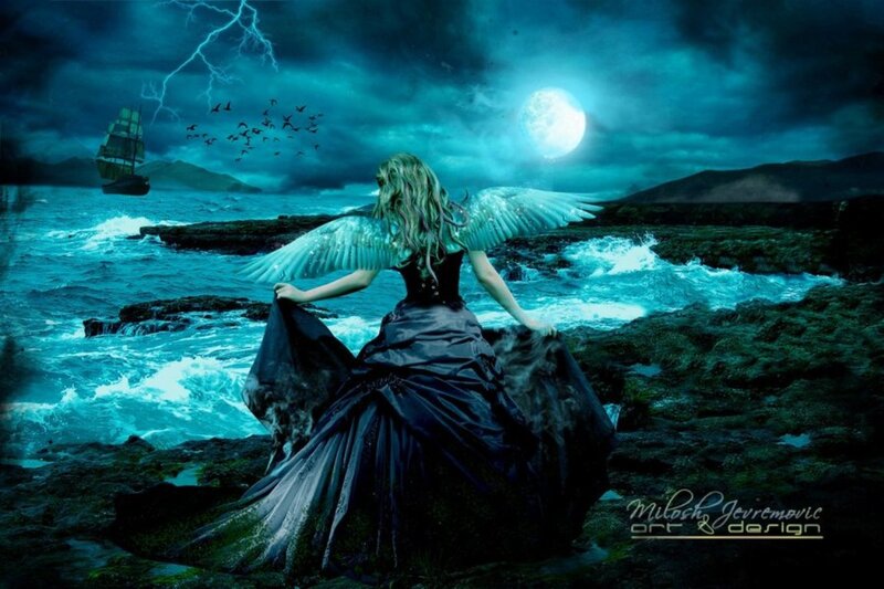 Winged Woman on Rocks