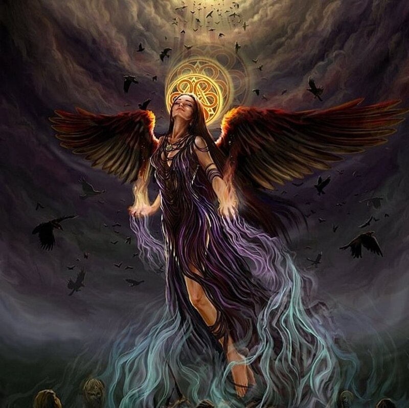 Winged Woman with Crows — Purple, Dramatic