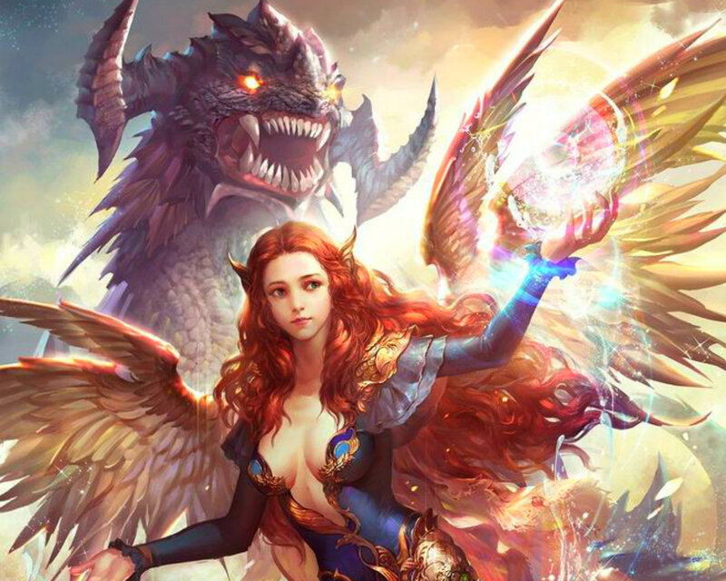 Winged Woman with Dragon — Red