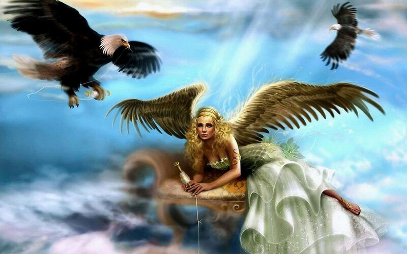 Winged Woman with Eagles — Blue