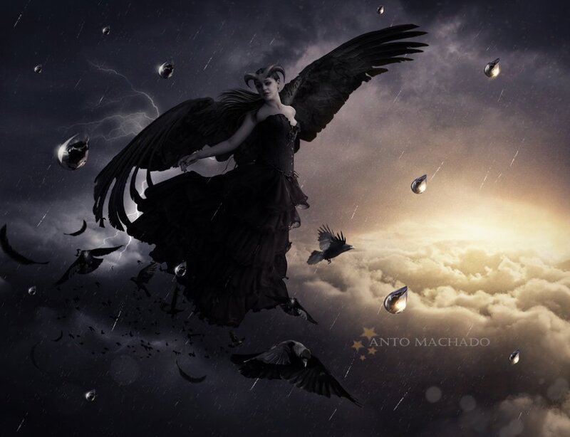 Winged Woman with Horns — Black, Dramatic