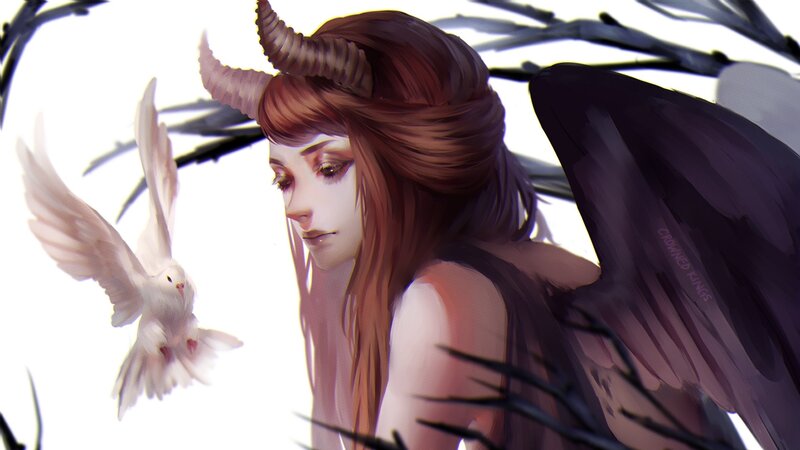 Winged Woman with Horns — Brown, Serene