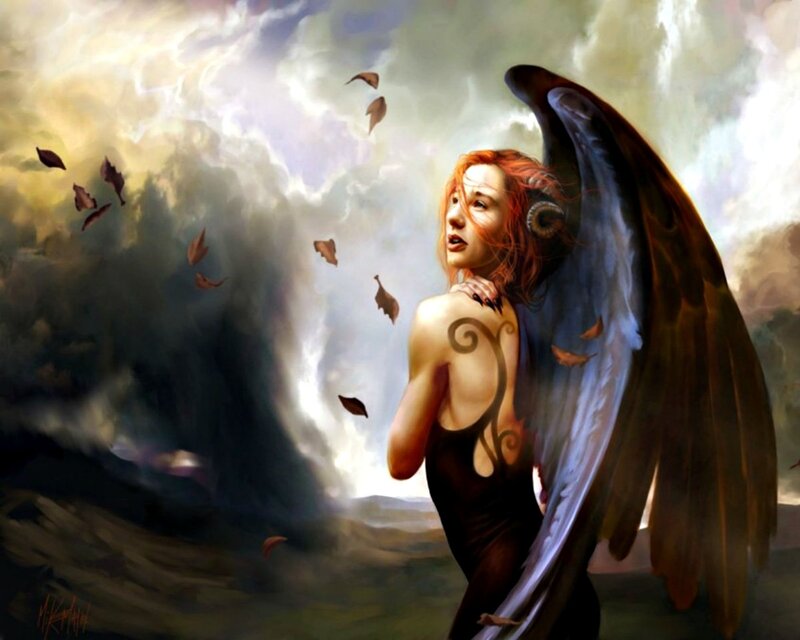 Winged Woman with Red Hair — Brown, Dramatic