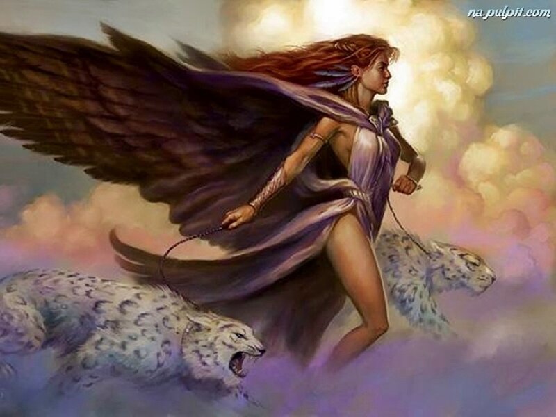 Winged Woman with Snow Leopards