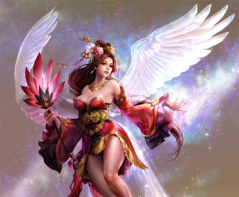 Winged Woman with Staff — Red, Dramatic