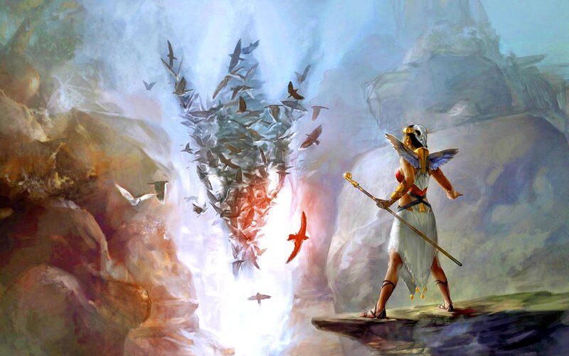 Winged Woman with Staff — White, Dramatic, Digital Art