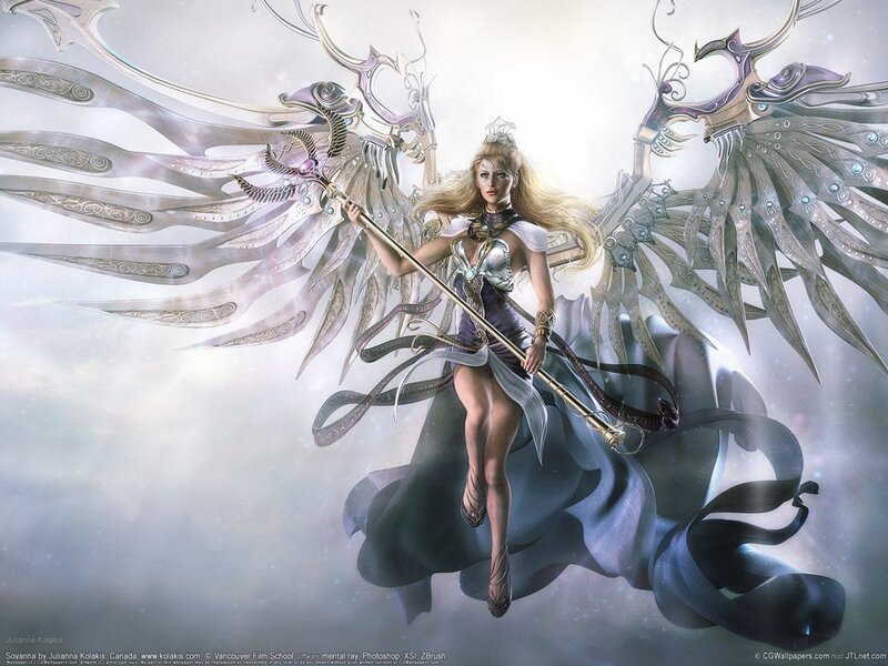 Winged Woman with Staff — White, Dramatic, Digital Art, Wings, Dress