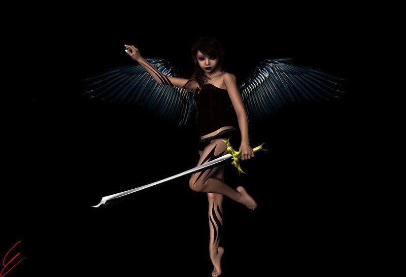 Winged Woman with Sword — Black, Dramatic