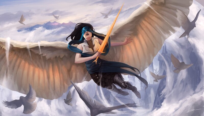 Winged Woman with Sword — Blue, Dramatic