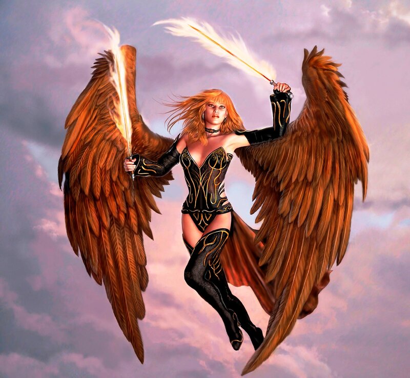 Winged Woman with Swords — Brown