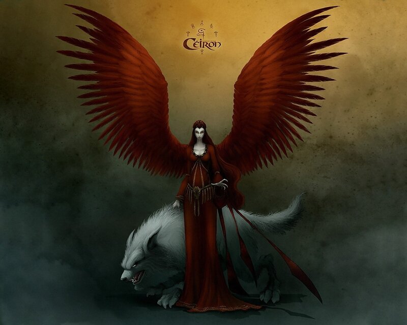 Winged Woman with Wolf — Red