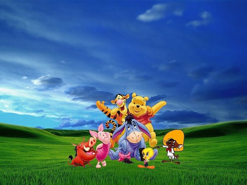 Winnie the Pooh and friends in a field