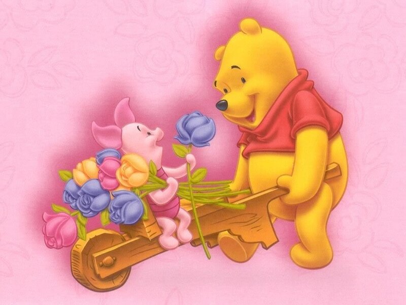 Winnie the Pooh and Piglet with flowers