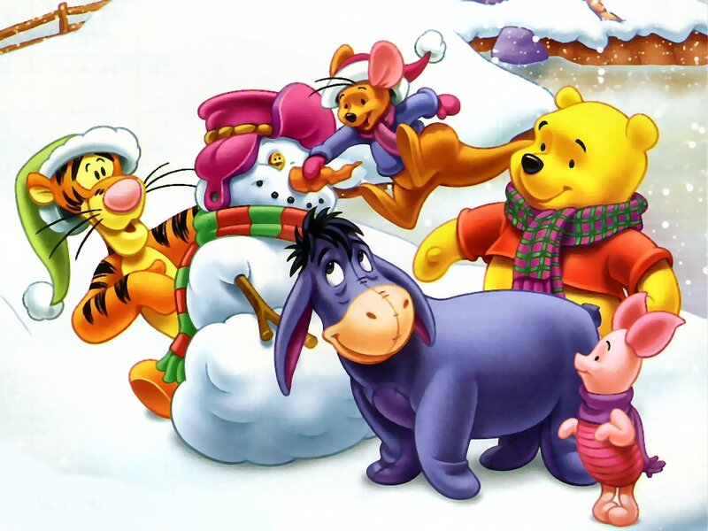 Winnie the Pooh friends in snow
