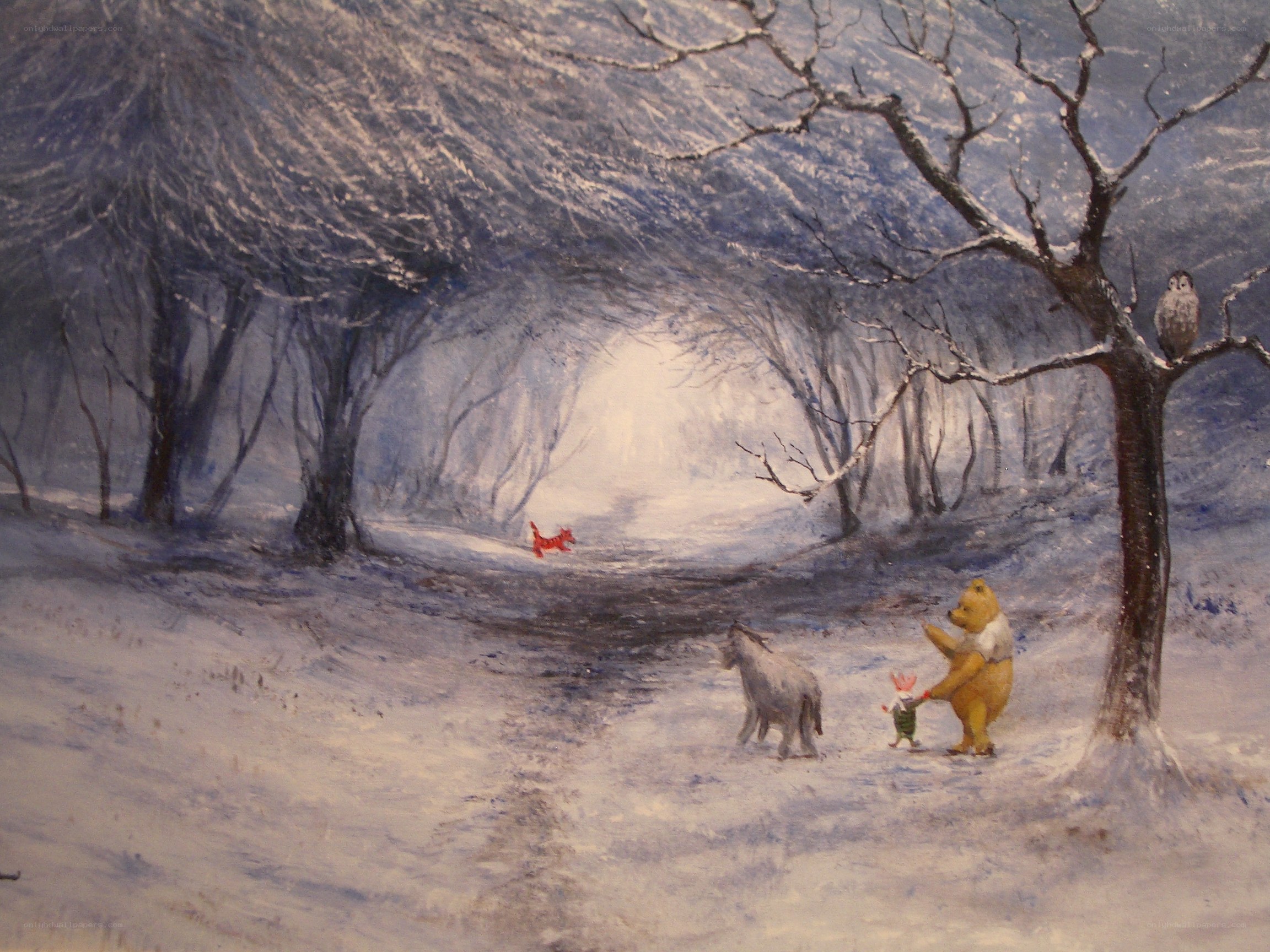 Winnie the Pooh in winter forest