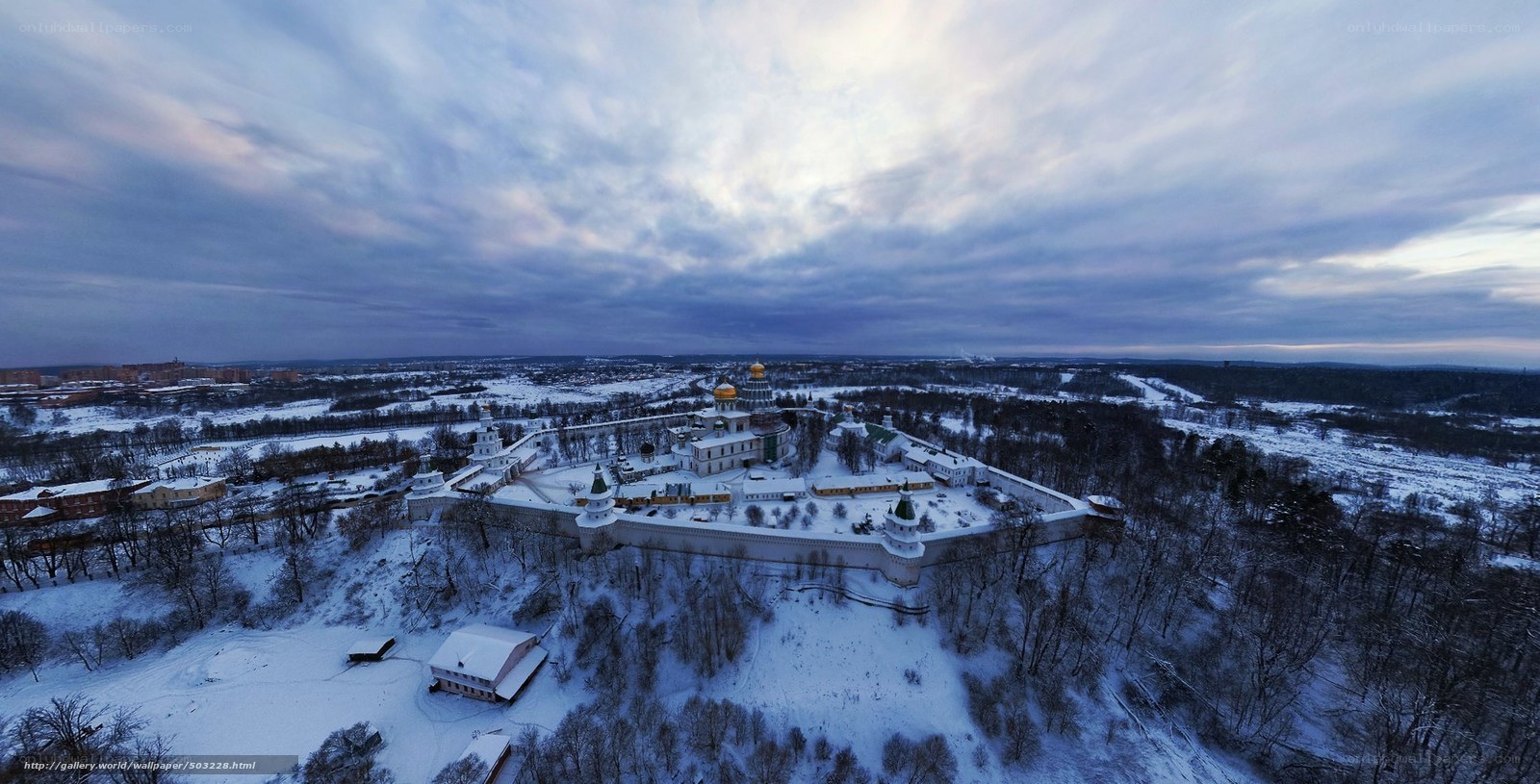 Winter aerial view of a monastery