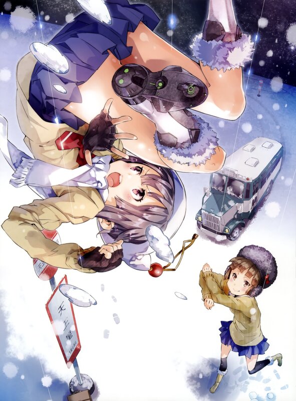 Winter anime scene with characters