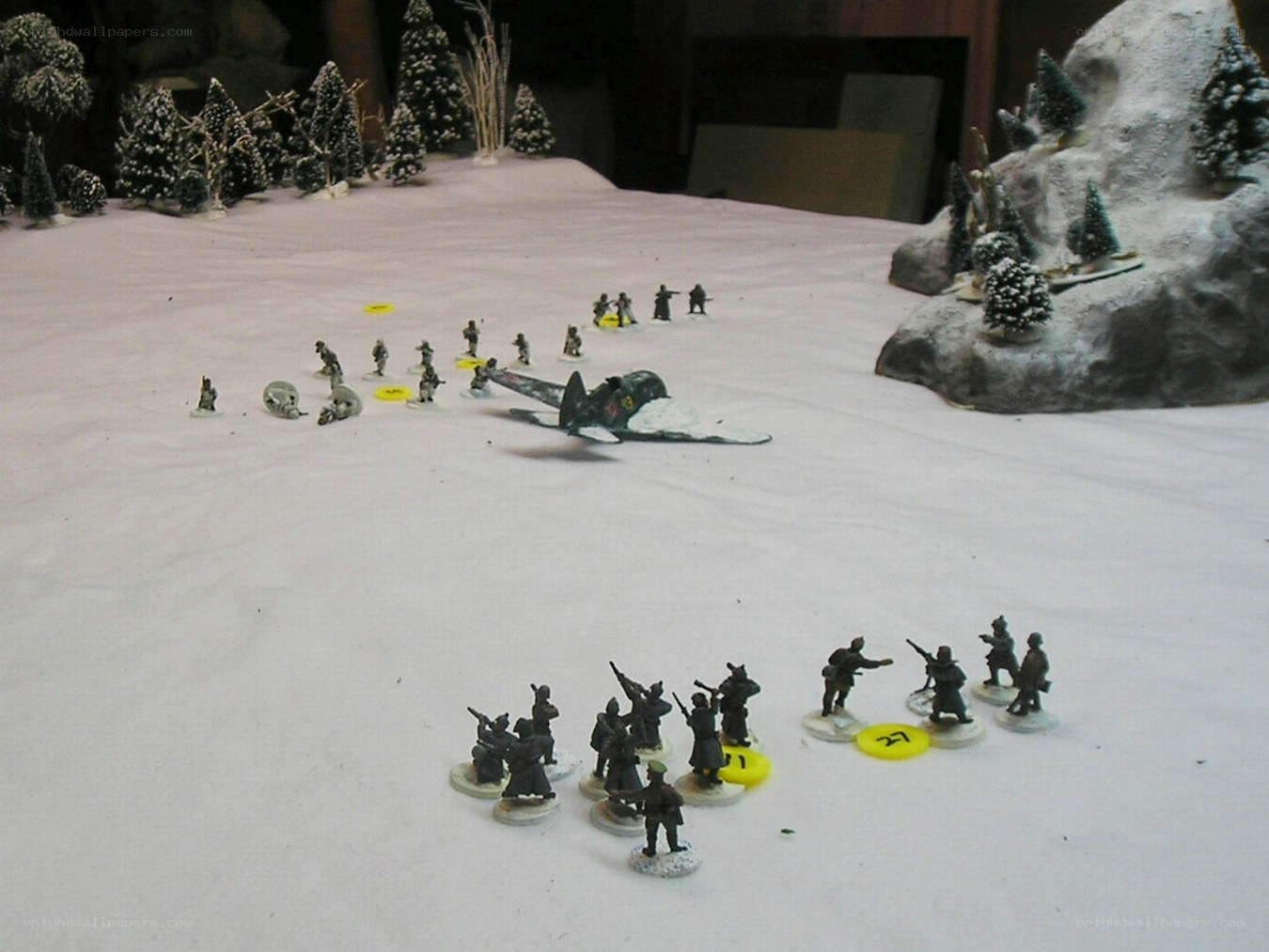 Winter battle scene with miniatures