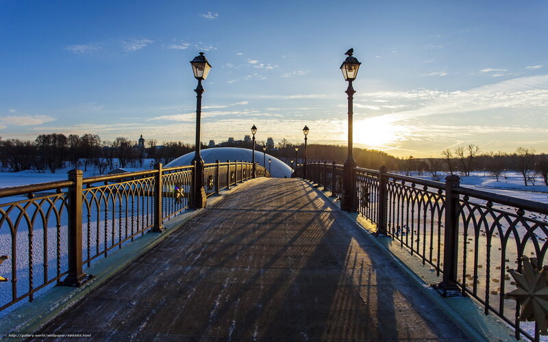 Winter bridge at sunset